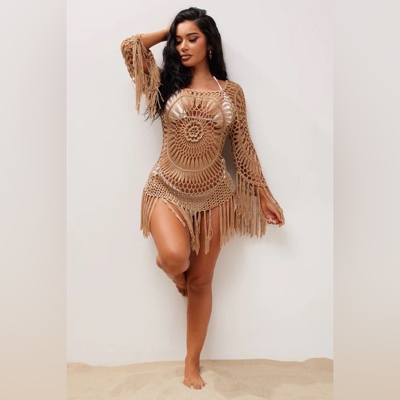 NWT Fashion Nova Vibes Crochet Long Sleeved Coverup - Taupe Size Medium - Picture 3 of 5